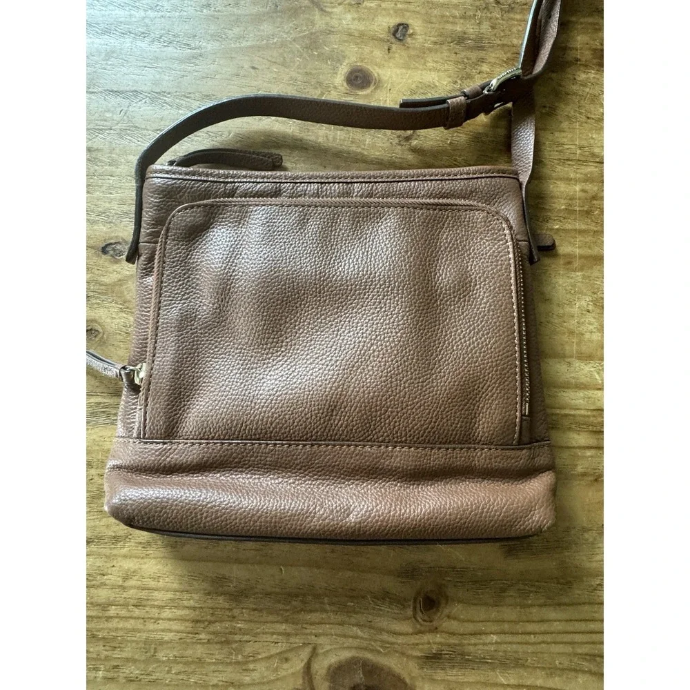 Cole Haan Brown Pebbled Leather Crossbody Bag Adjustable Strap Zip Pockets